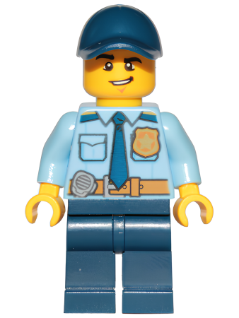 Минифигурка Lego  Police - City Officer Shirt with Dark Blue Tie and Gold Badge, Dark Tan Belt with Radio, Dark Blue Legs, Dark Blue Cap, Lopsided Grin cty1155 U